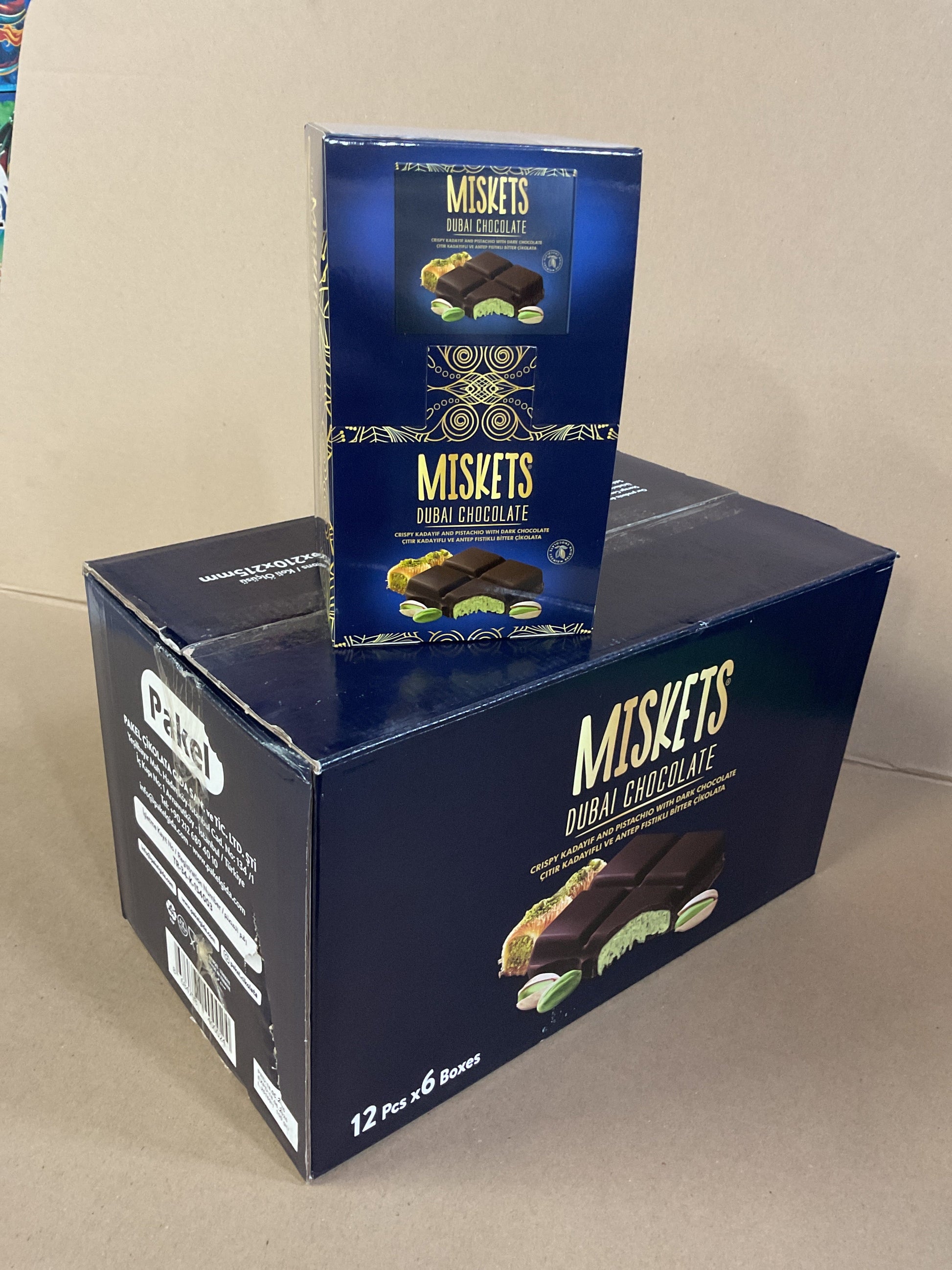 Buy MISKETS DARK DUBAI CHOCOLATE (Kadayif and Pistachio with dark chocolate) 100g [12 x 6] 72 pcs from JJ Trading Inc. Wholesale grocery supplies, best prices, and shipping across the USA.